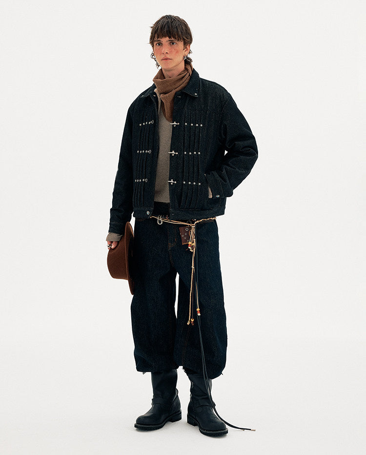 Pleated Airplane Button Denim Jacket