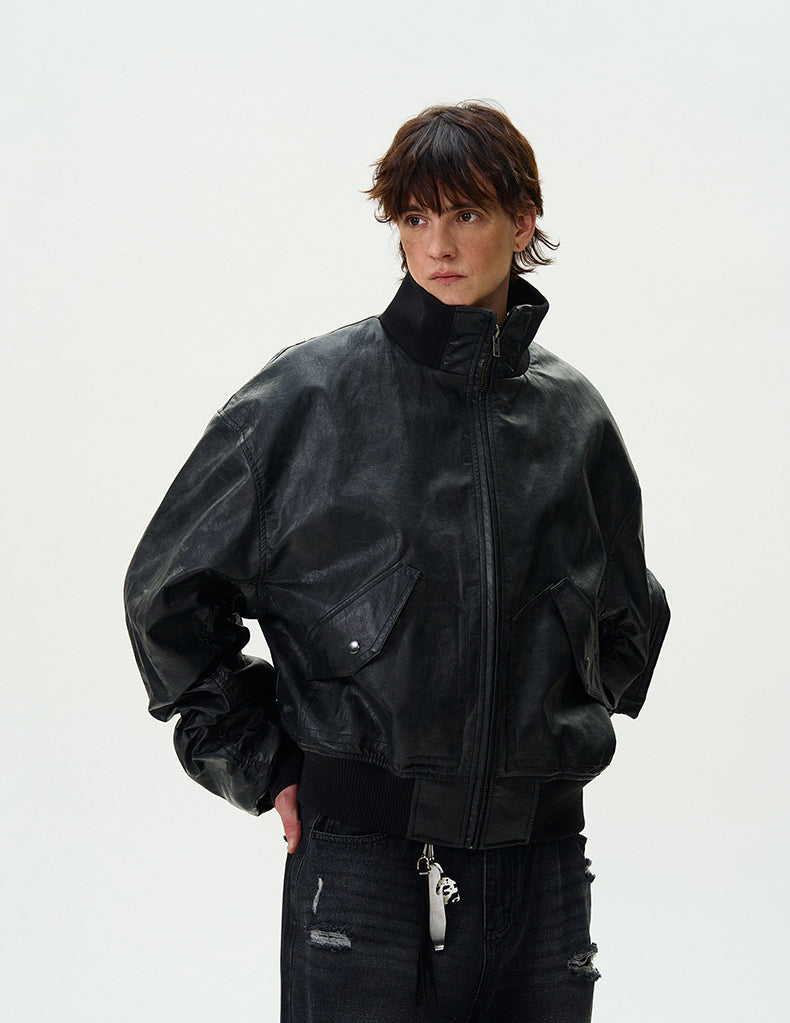Washed Bomber PU Leather Jacket