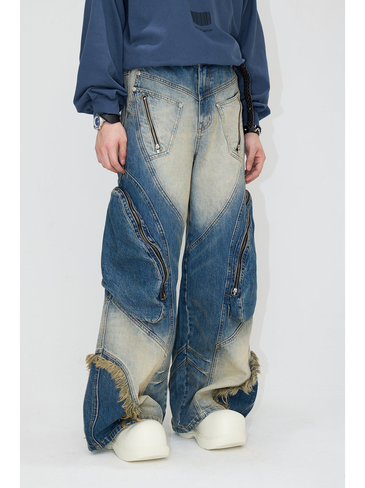 Loose Straight Multi-pocket Washed Denim Pants