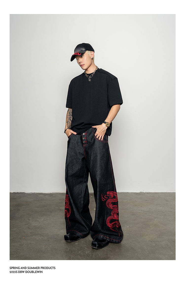 Red Snake Denim Pants