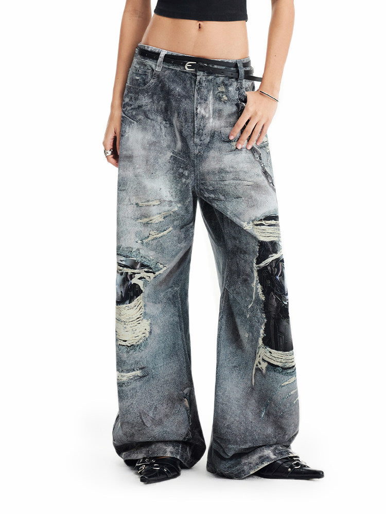 Lipid Print Washed Denim Pants
