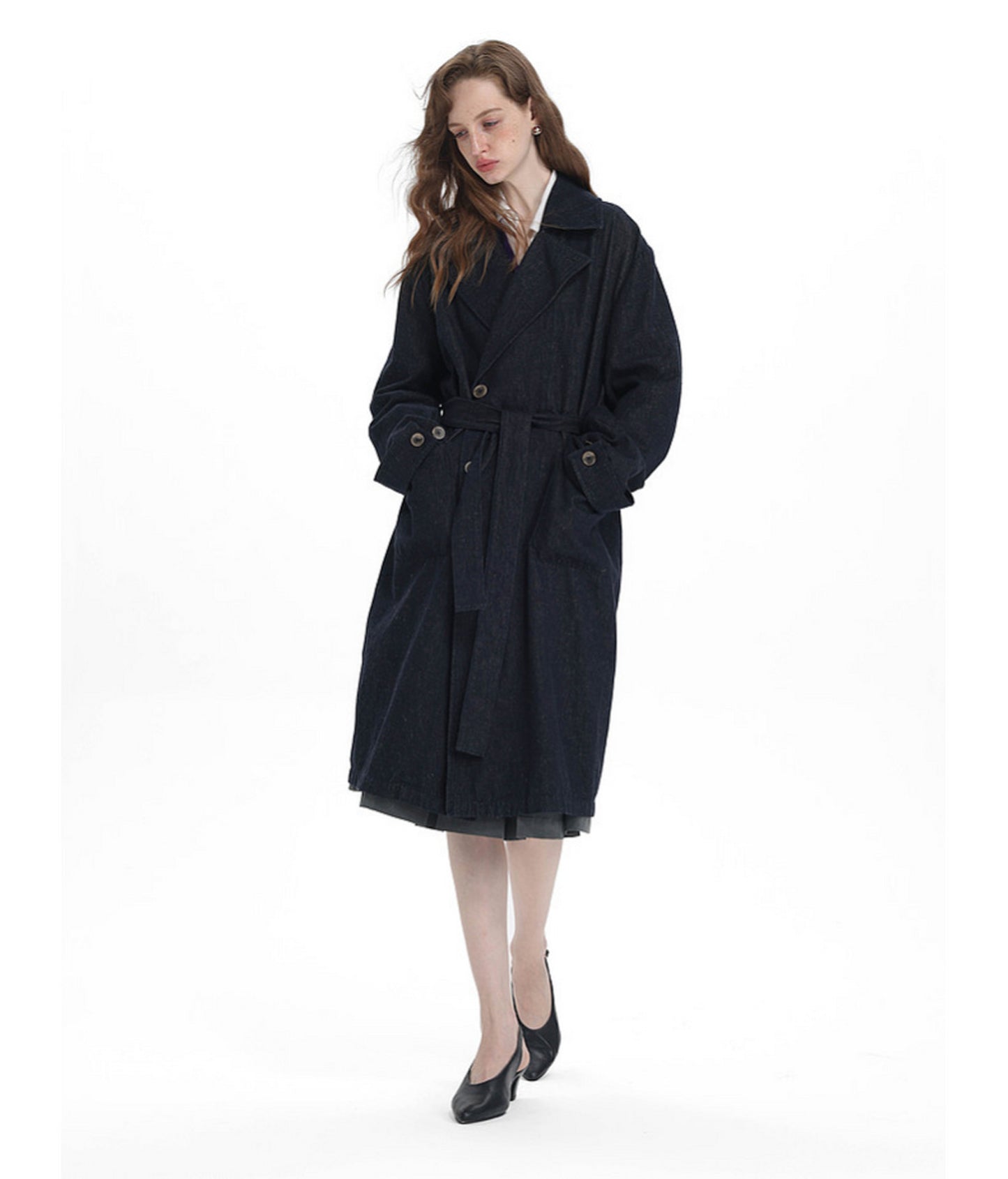 Linen-Blend Denim Trench Coat　