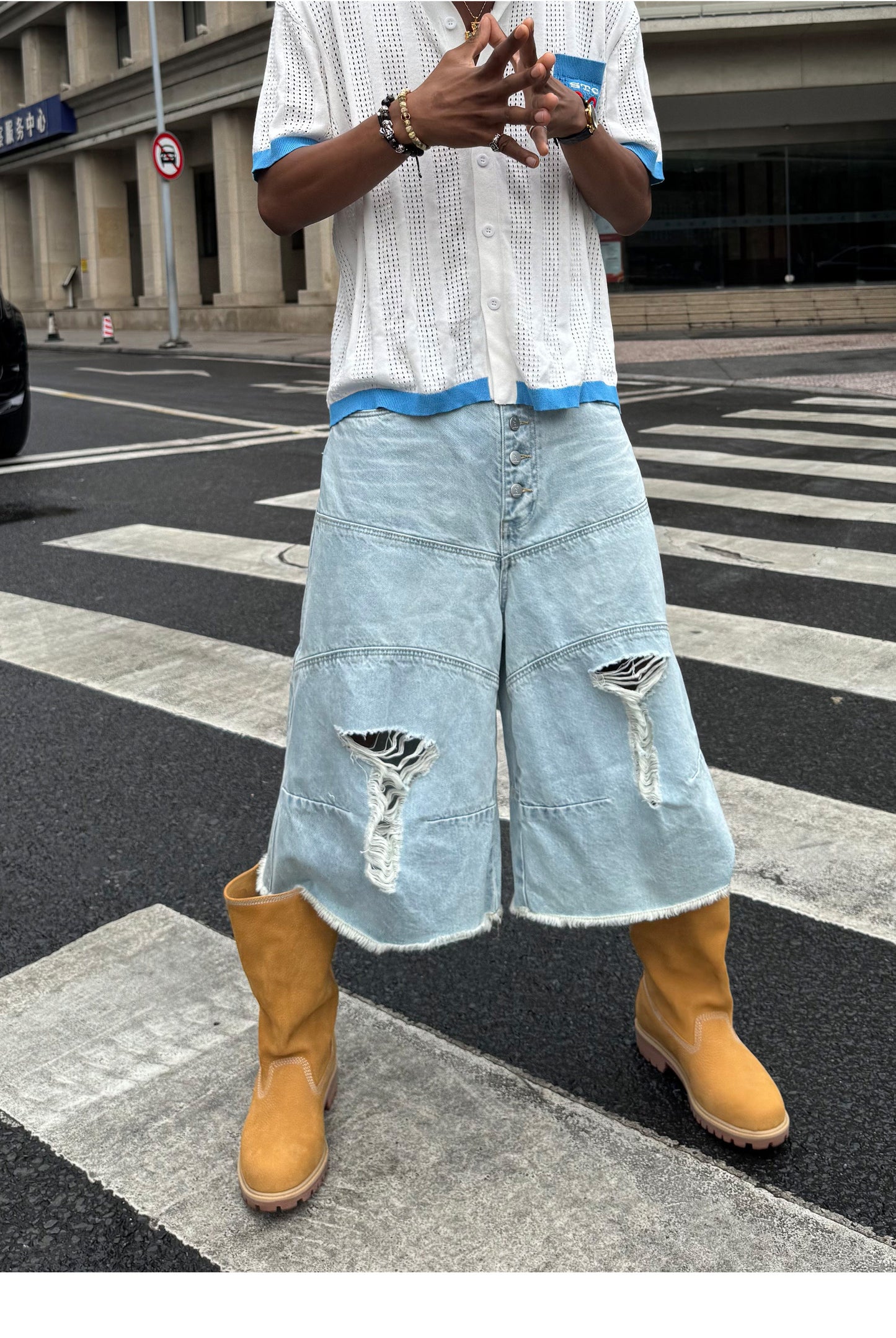 Vintage Whisker-Washed Loose-Fit Denim Shorts