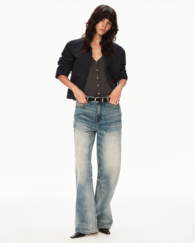 Distressed wash jeans