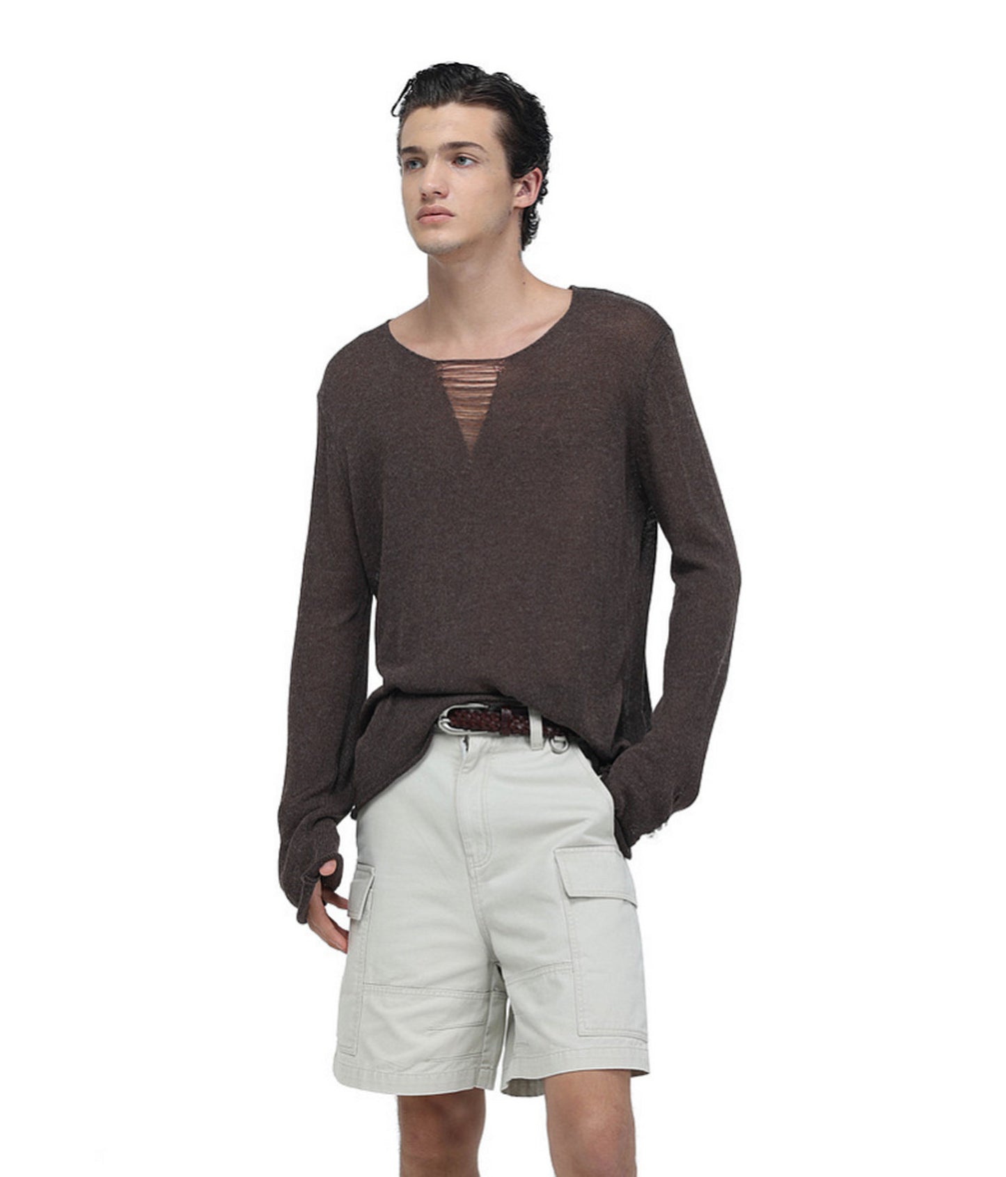 V-Neck Drawstring Lightweight Knit Shirt