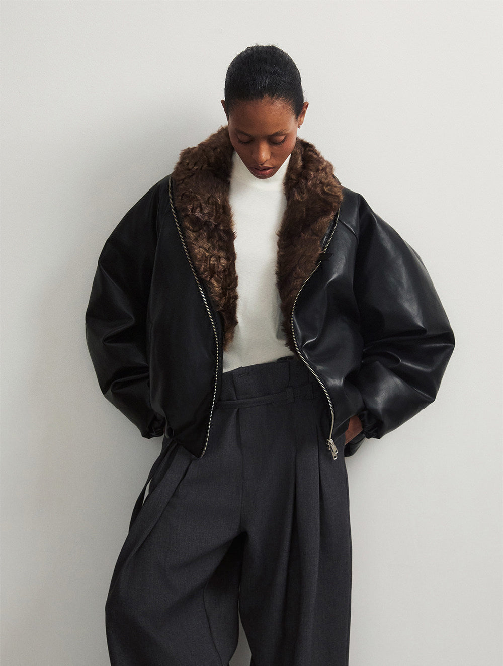 Cropped Waist Leather Jacket