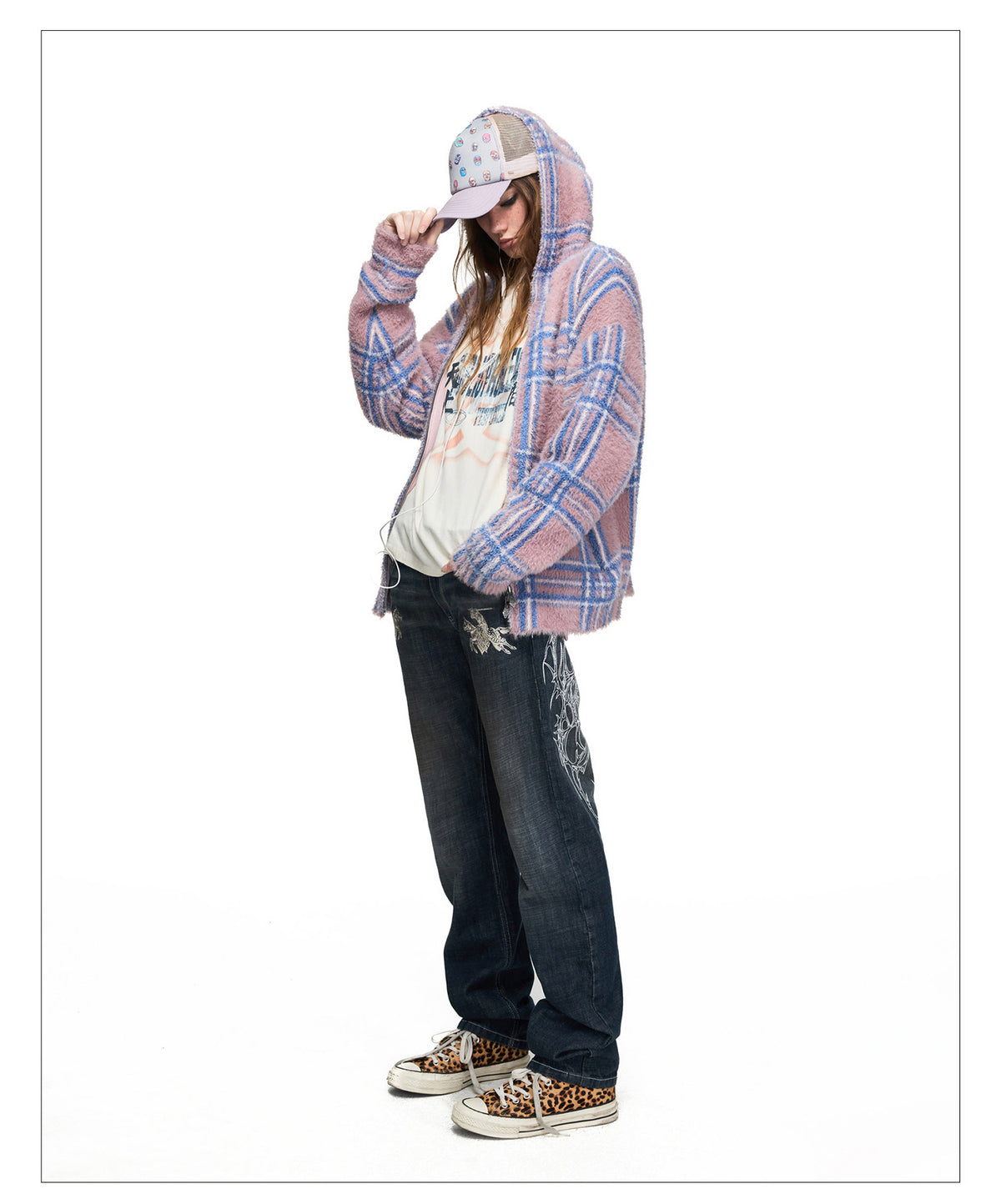 Mink-Gradient Check Cardigan