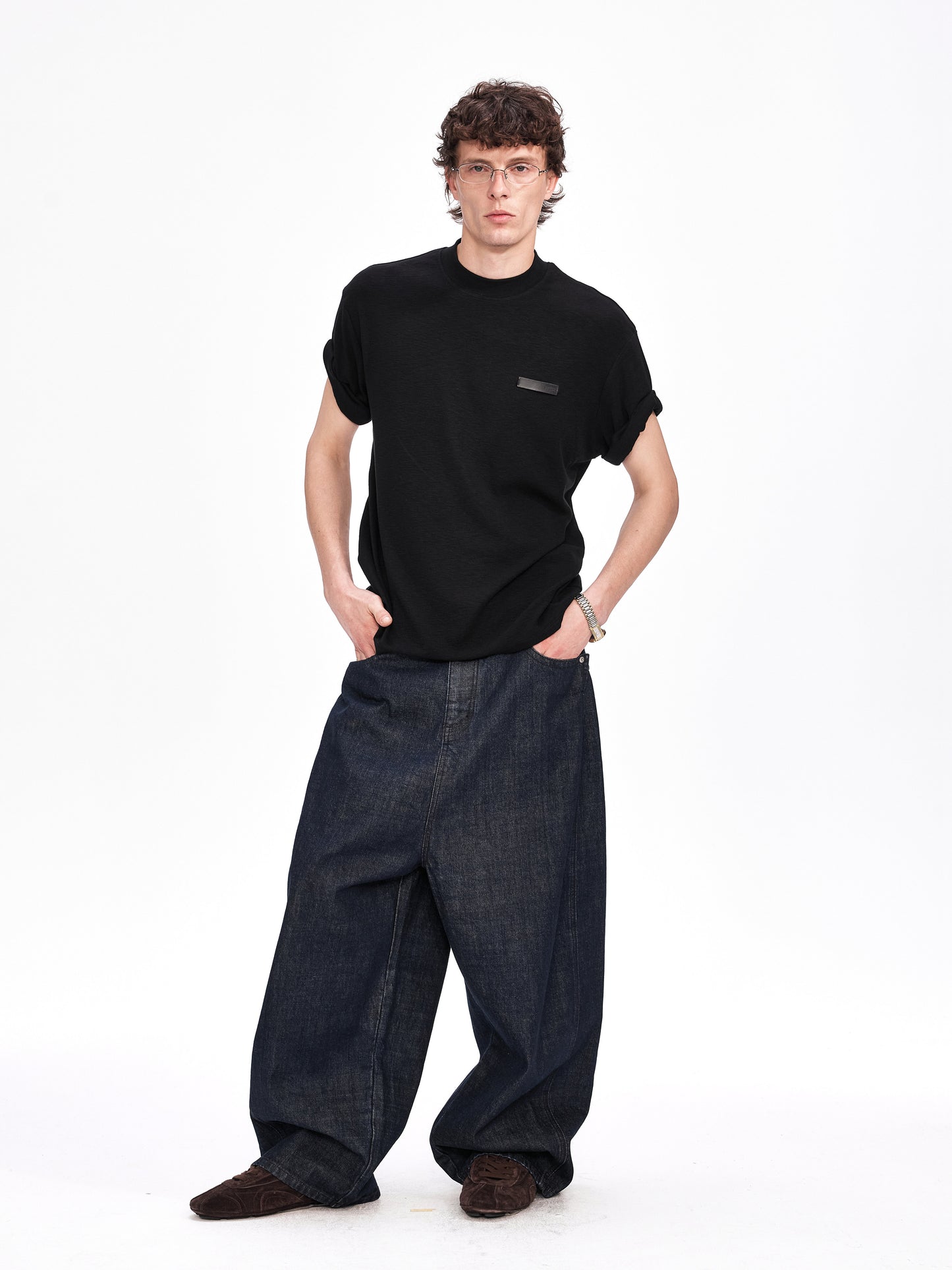 Roll-Sleeve T-Shirt with Leather Label