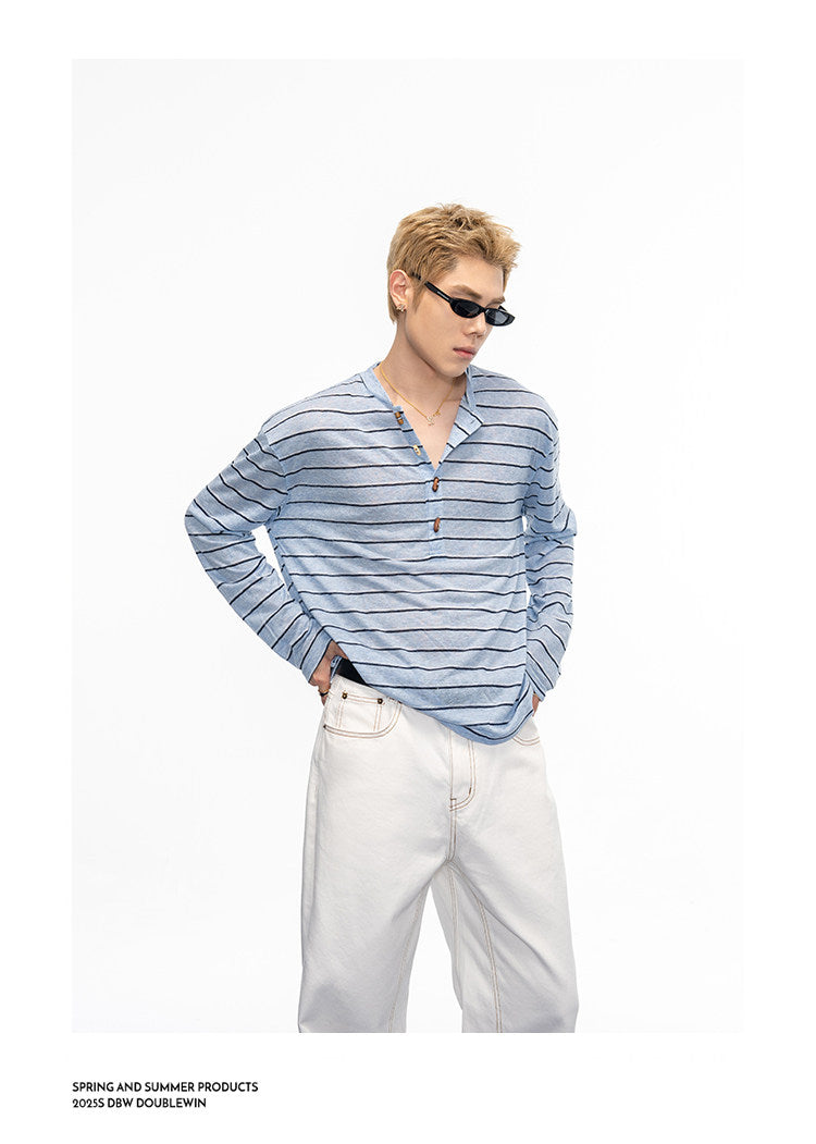 Striped Henley-Neck T-Shirt
