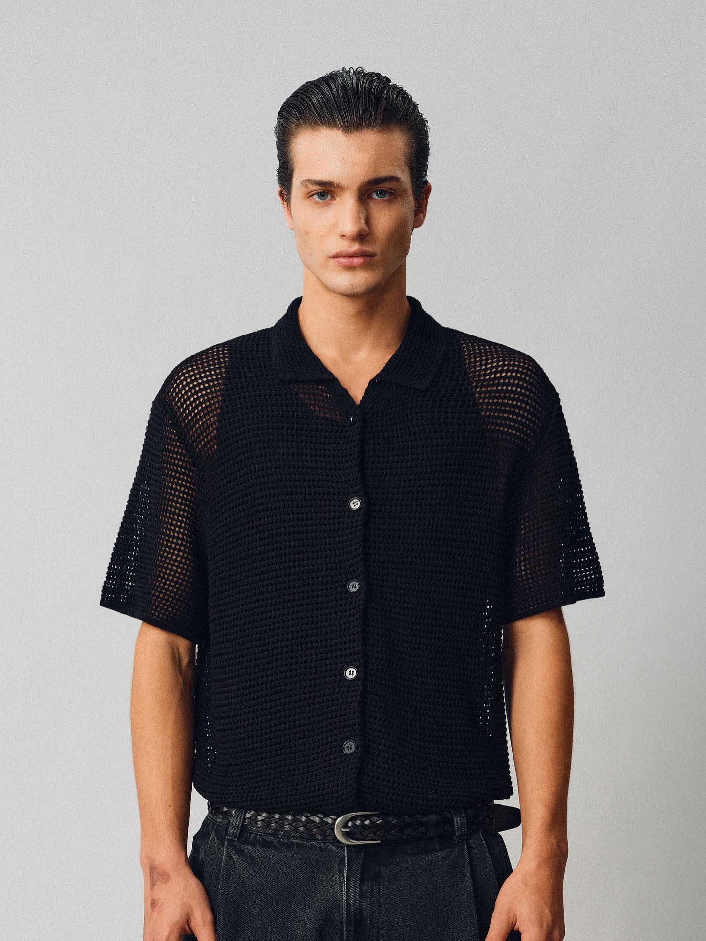 Hollow-knit Button-Down Shirt