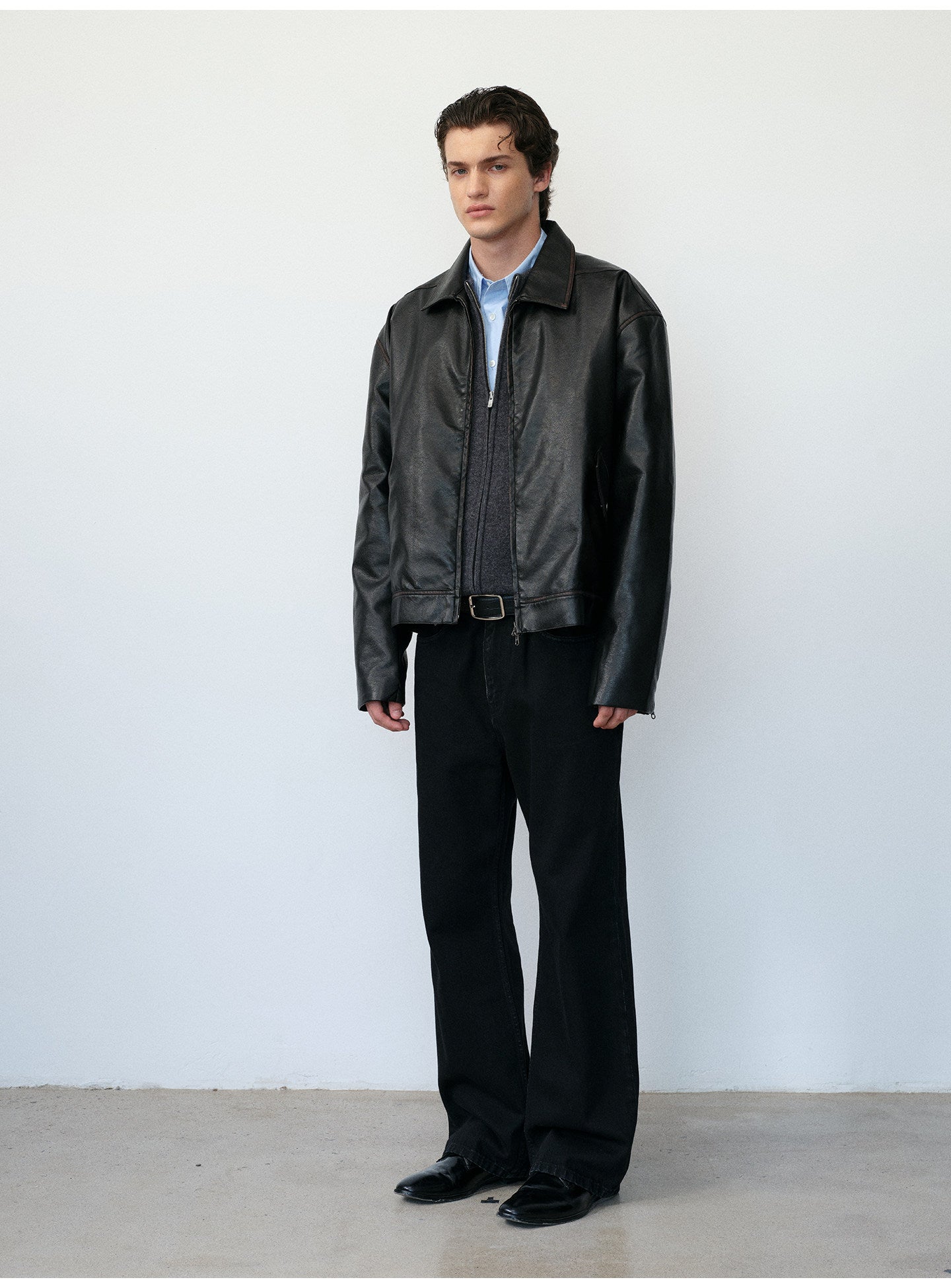 Boxy Short Leather Jacket with Simple Wash Finish