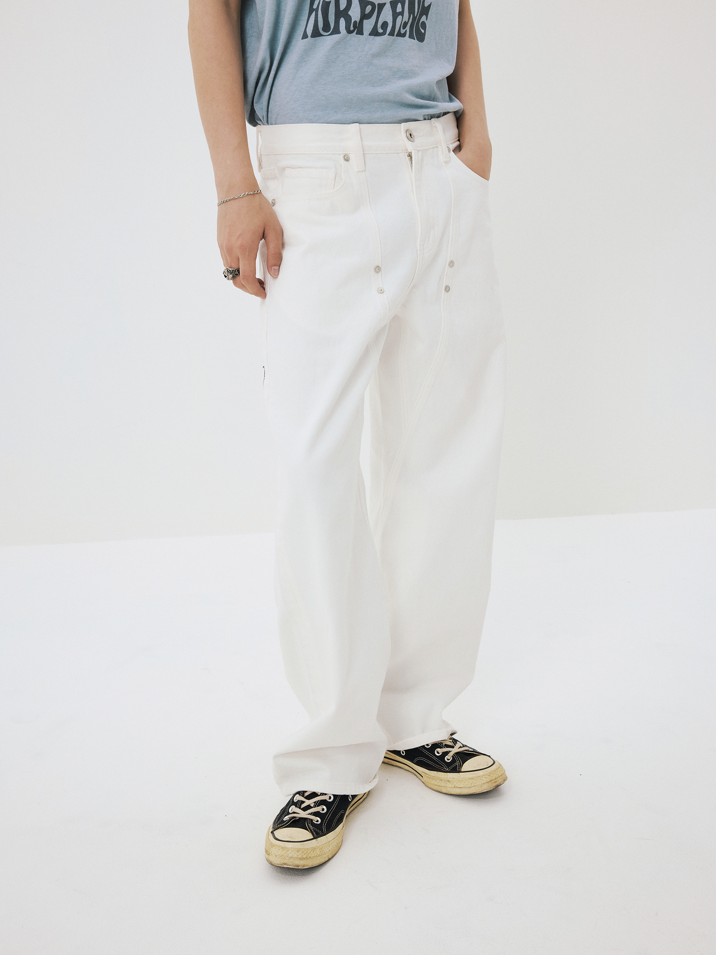 Twist-Stitch Embroidered Riveted Denim Pants