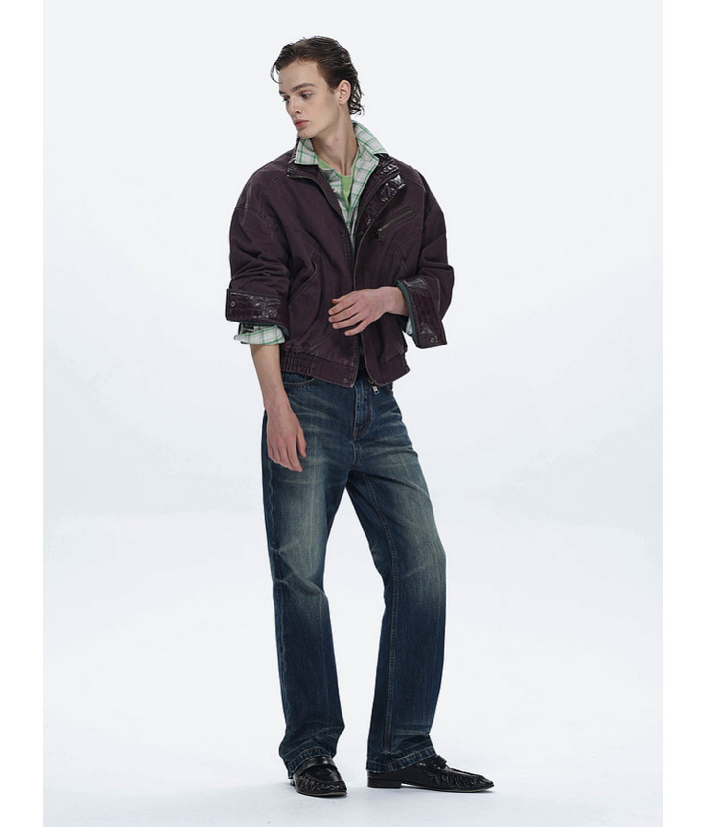 Faux Crocodile Leather Stand-Up Collar Jacket