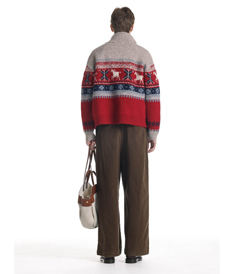 Wool-Blend Pony Jacquard Zip Cardigan