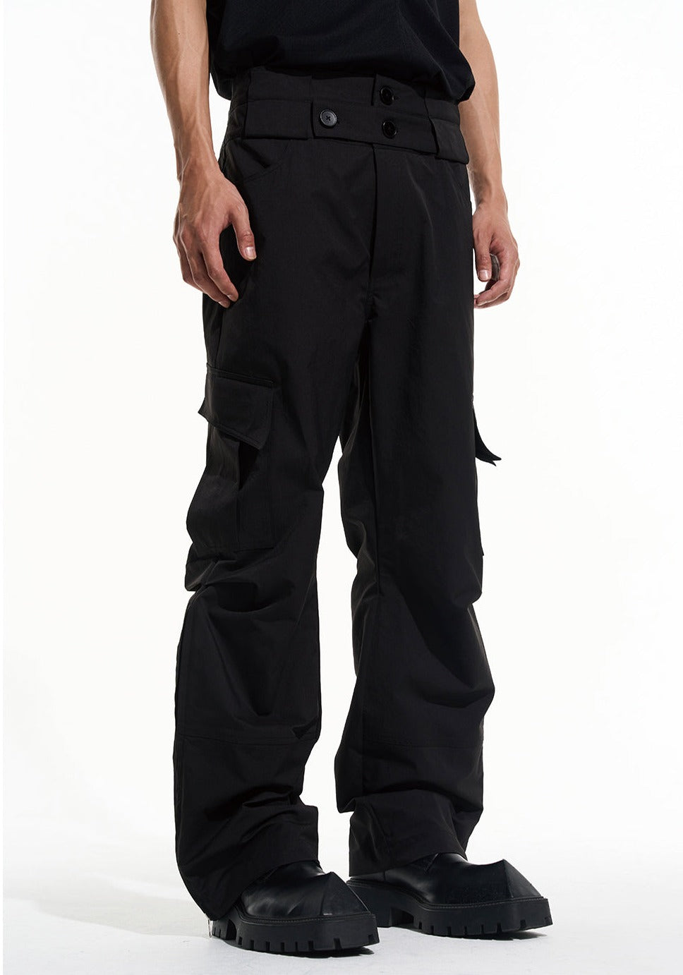 Double Waistband Side Pockets Casual Bell Bottom Pants 