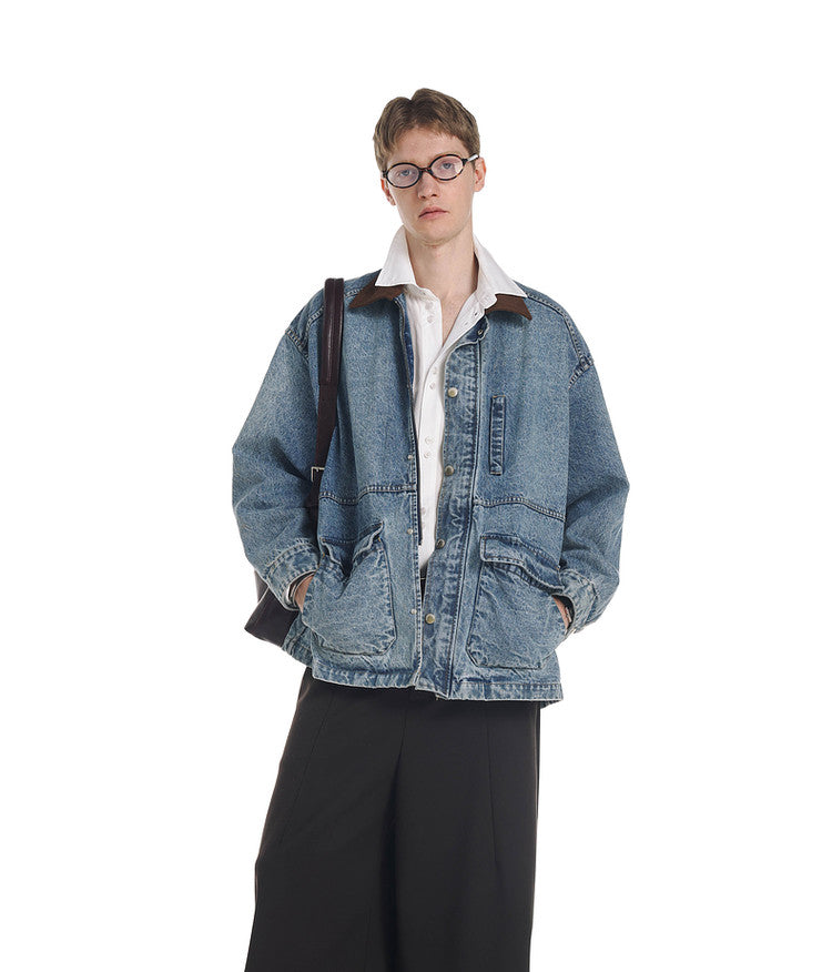 Vintage Denim Jacket with Washed Suede Collar