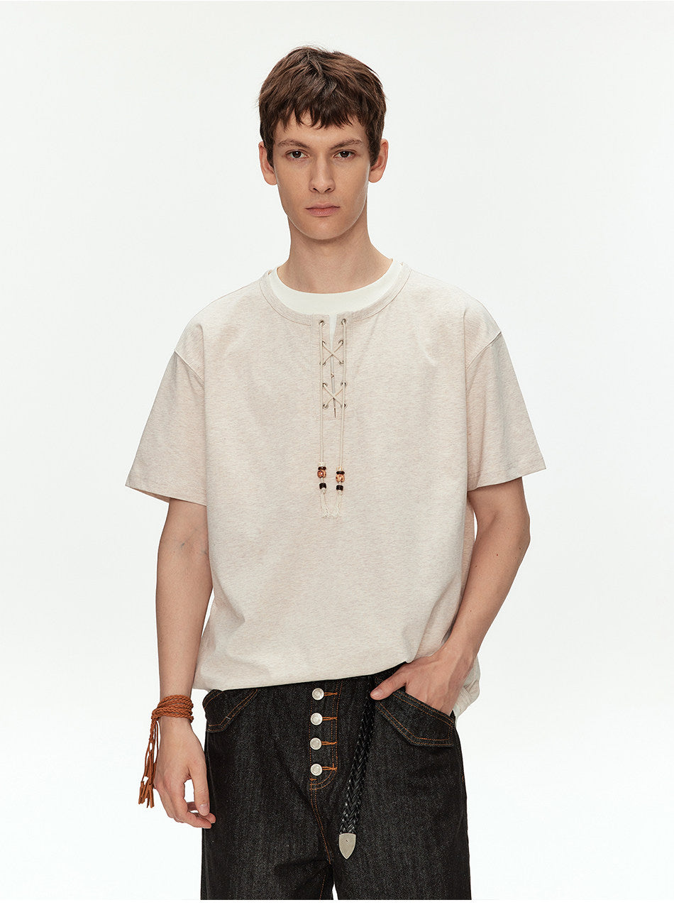 Off-Shoulder Fake Two-Piece T-Shirt with Beads