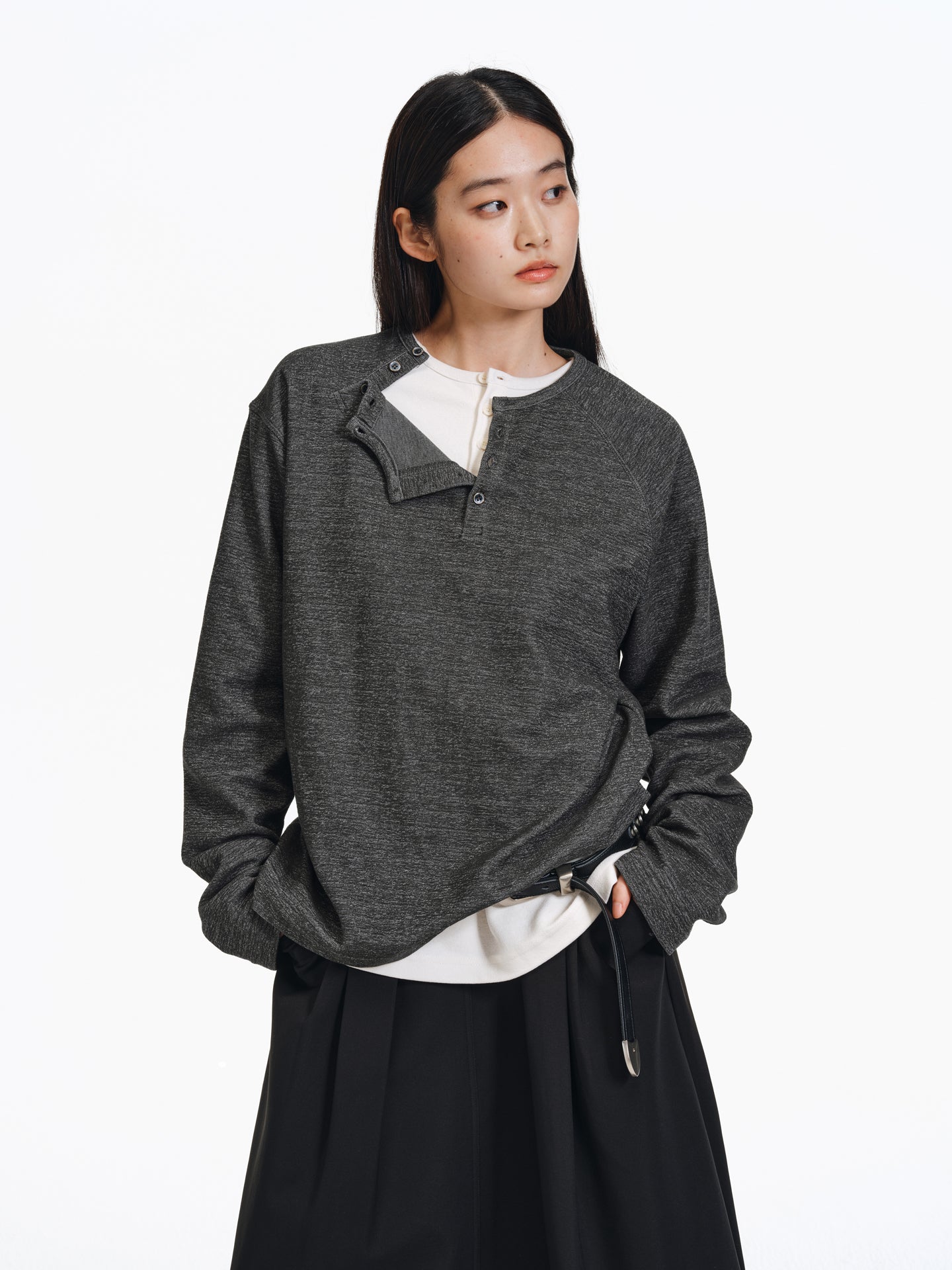 Henry Collar Diagonal Button T-Shirt