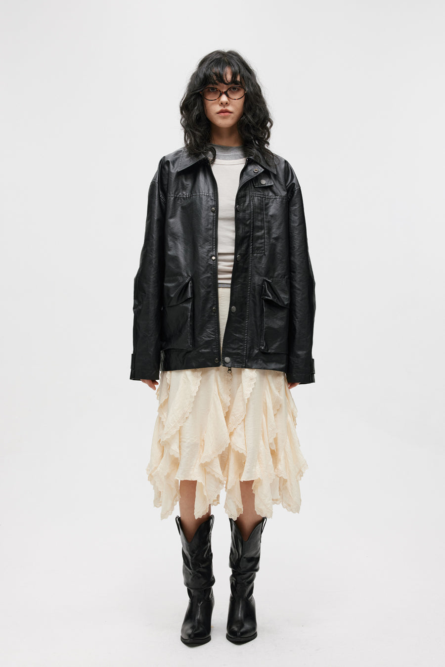 Imitation leather mid-length jacket