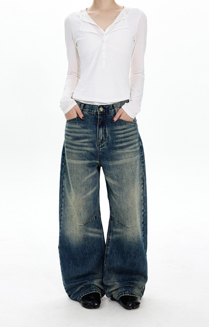 Deconstructed Washed Wide-Leg Jeans