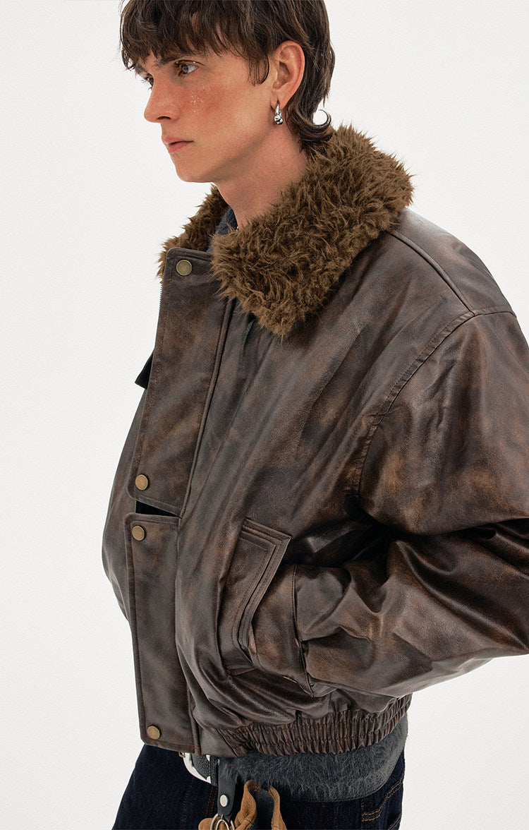 Padded Distressed PU Leather Jacket