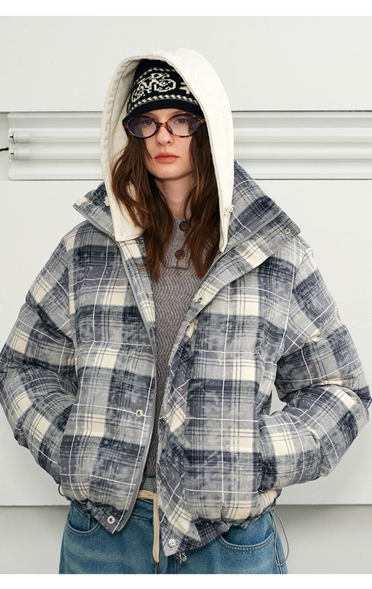 Checked cotton jacket with detachable hood