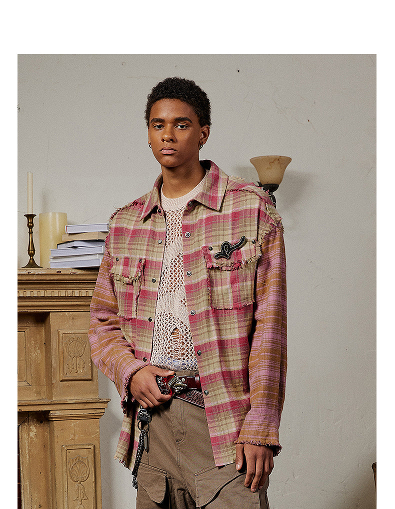 Raised raw edge split plaid shirt