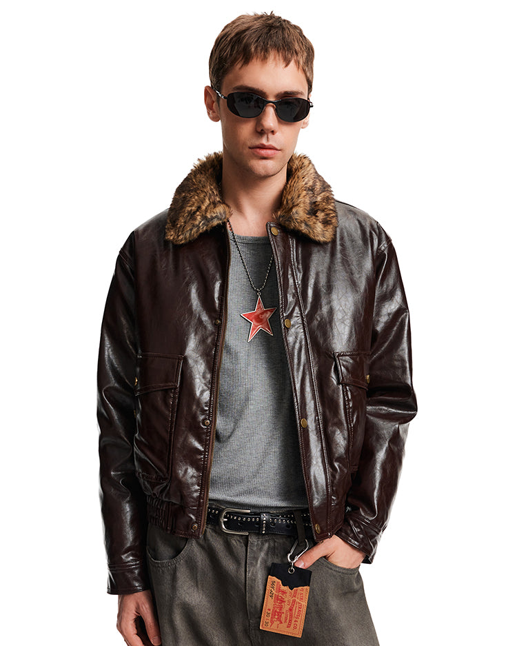 Patchwork Fur Collar Leather Jacket