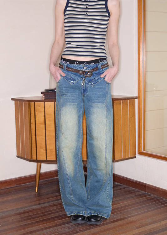 Double Waist Washed Loose Jeans