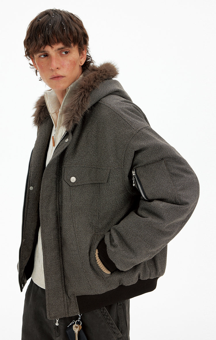 Houndstooth Fur Collar Cotton Jacket