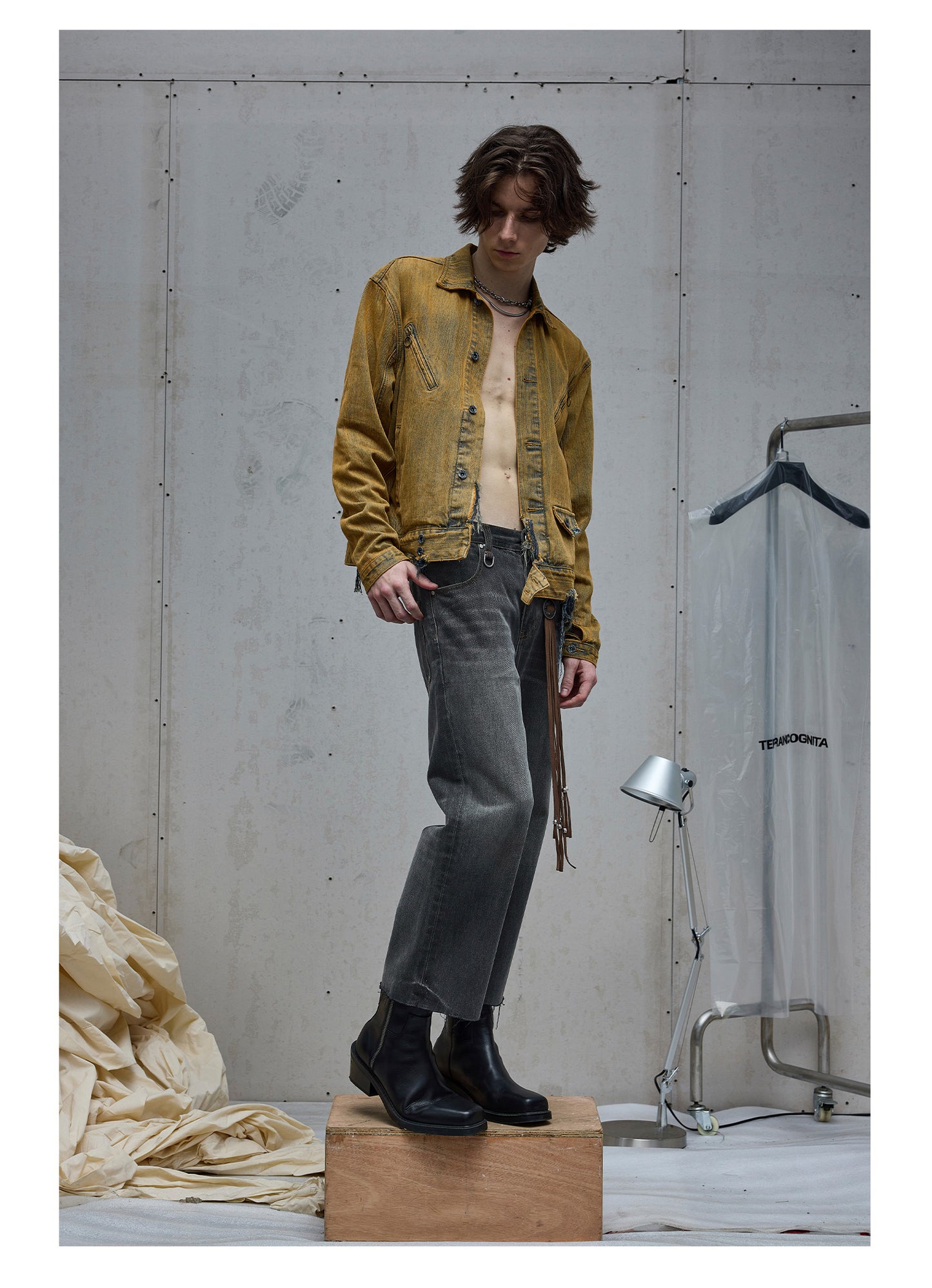 Mud Dyed Yellow Destroyed Denim Jacket