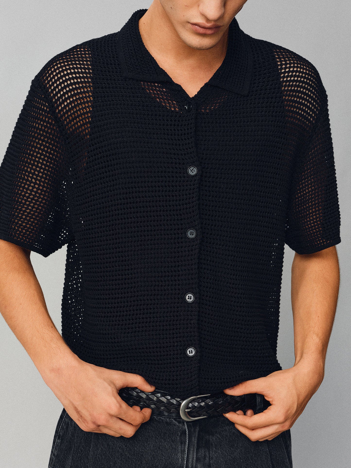 Hollow-knit Button-Down Shirt