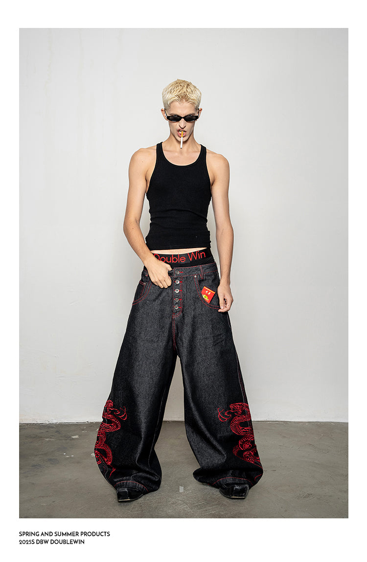 Red Snake Denim Pants
