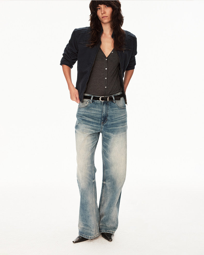 Distressed wash jeans