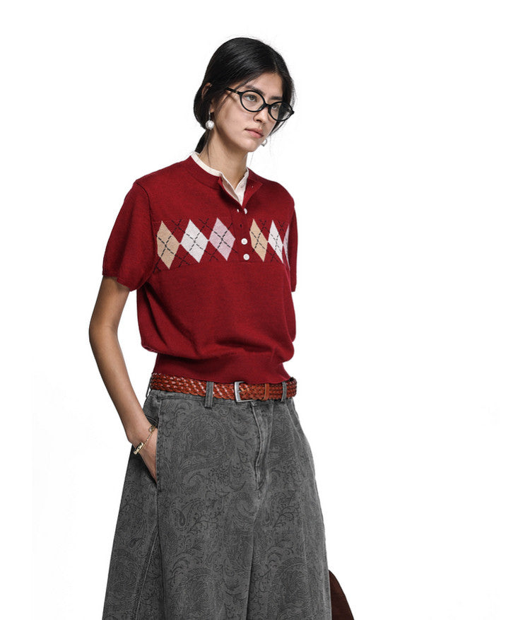 School Style Diamond Pattern Sweater