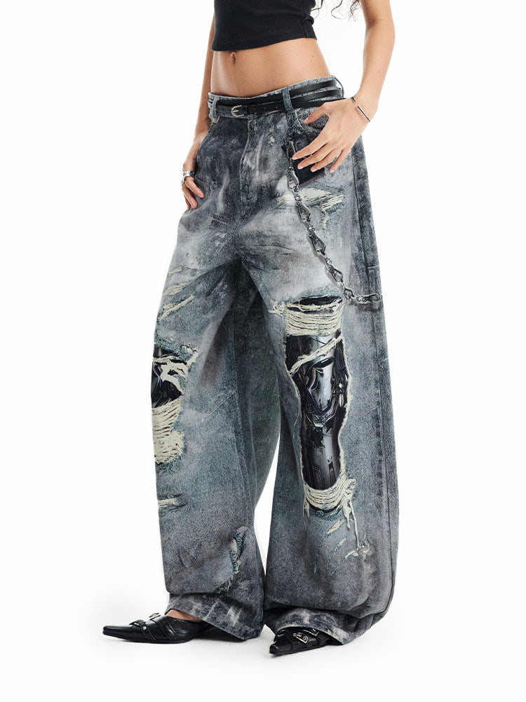 Lipid Print Washed Denim Pants