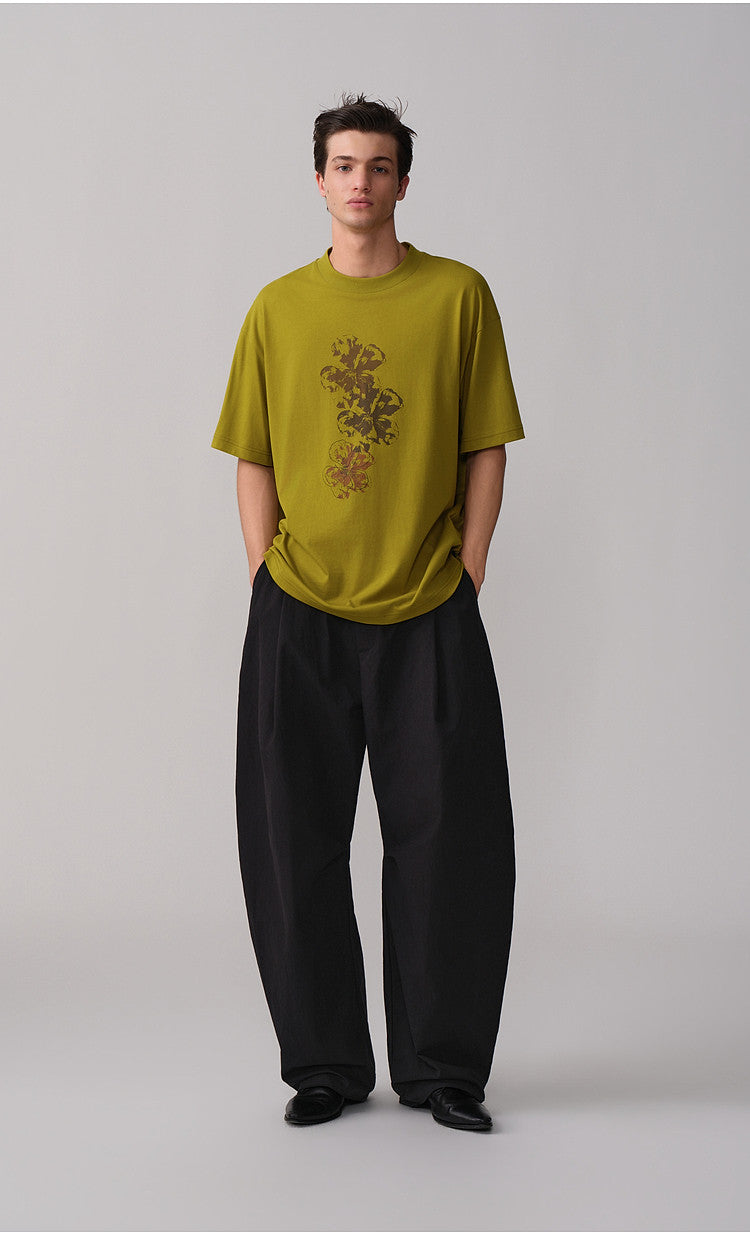 Round-Neck Ribbed Collar Drop-Shoulder T-Shirt