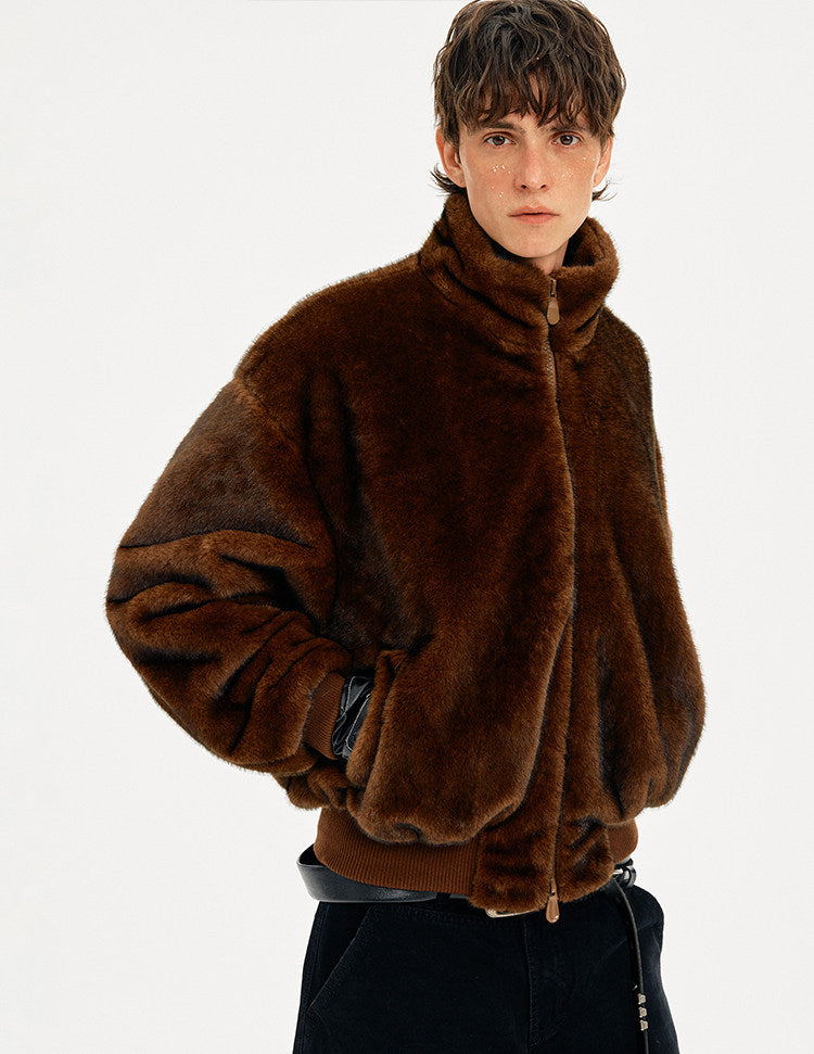 Retro Faux Fur Stand Collar Jacket