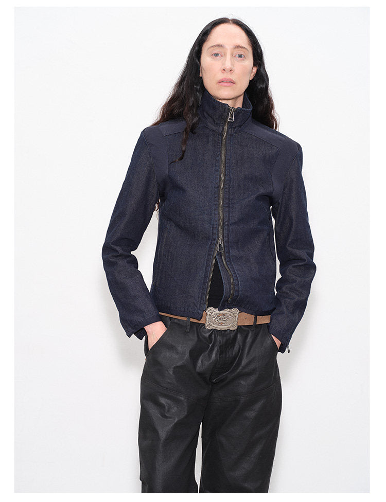 Double Zipper Slim Fit Raw Denim Jacket