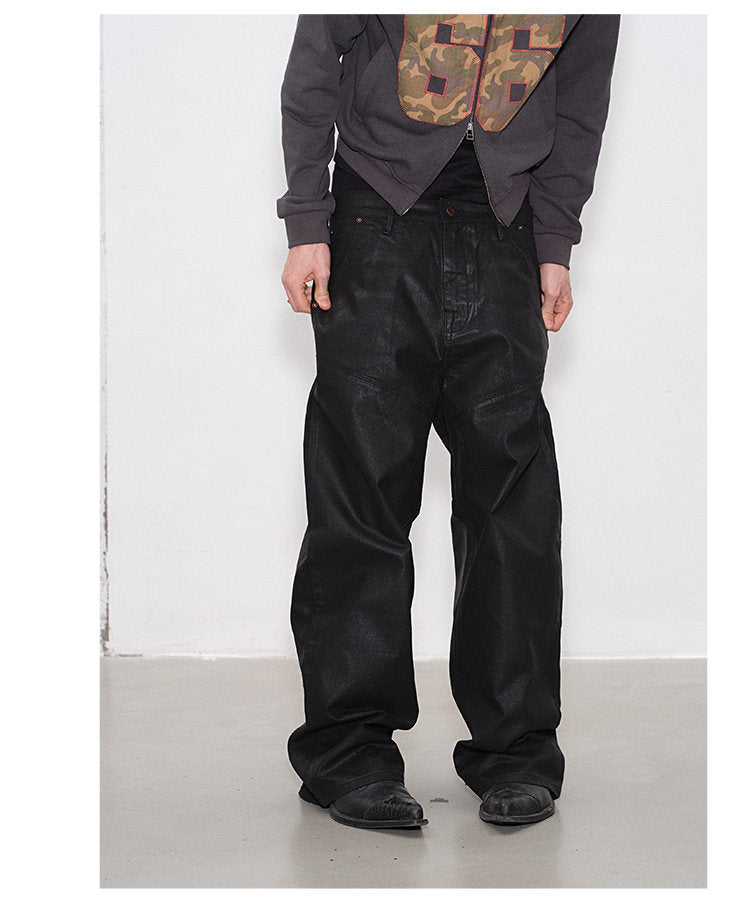 Waxed Loose-Fit Casual Pants