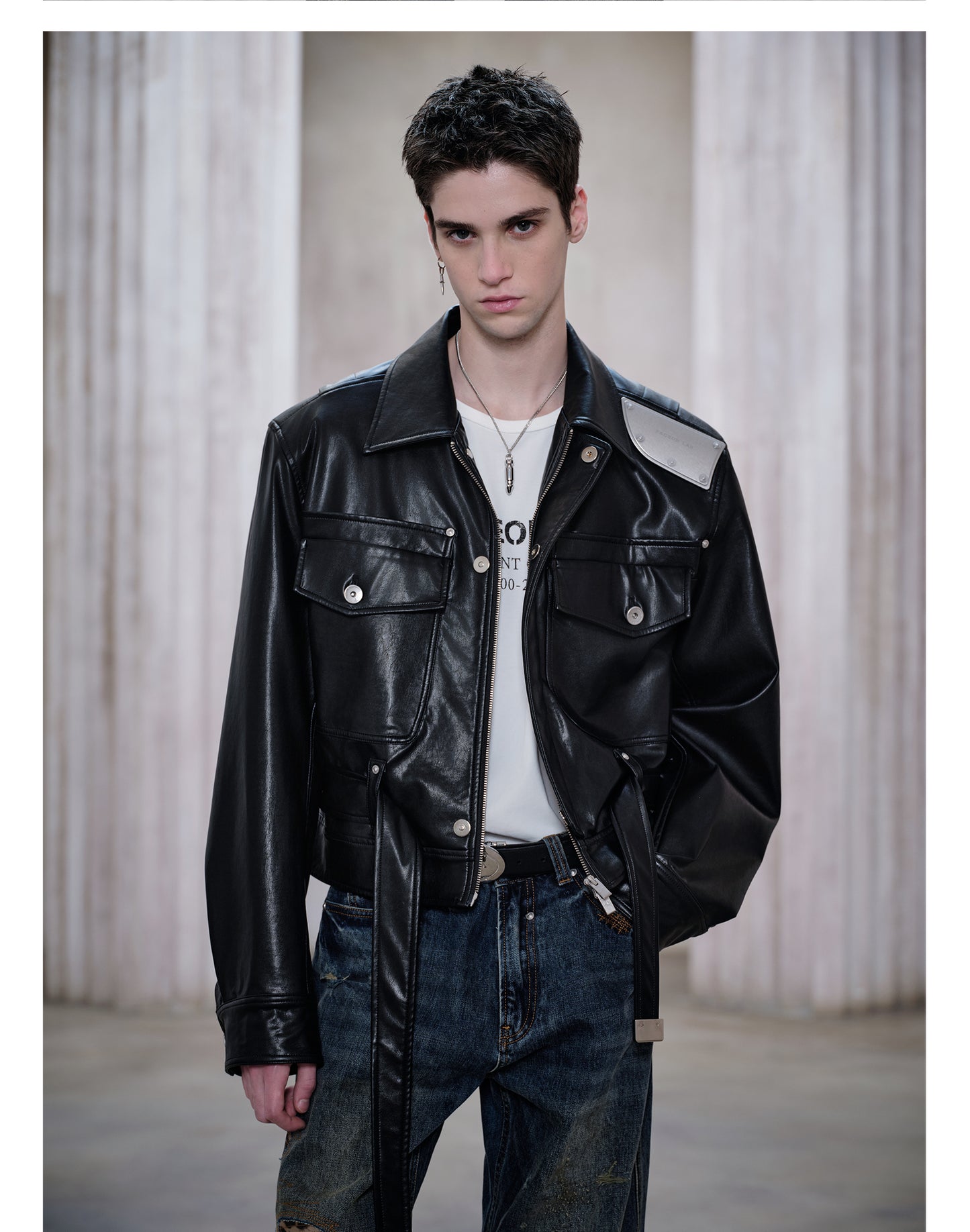 Metal Shoulder Leather Jacket