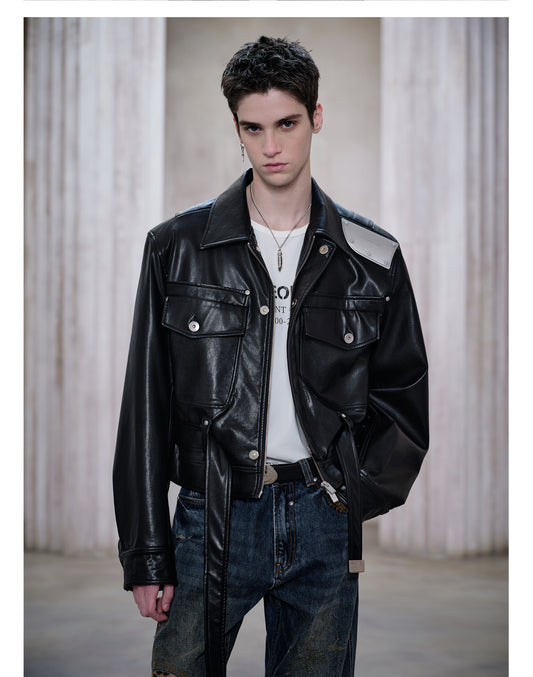 Metal Shoulder Leather Jacket