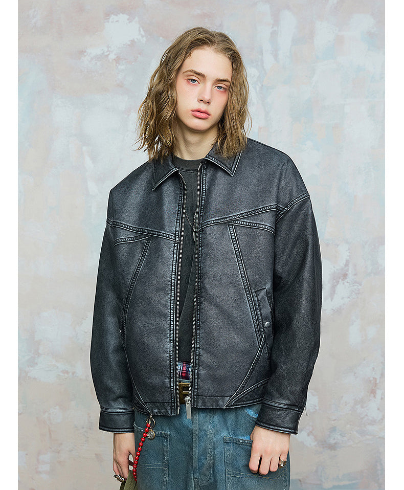 Short Wide Splicing PU Leather Jacket