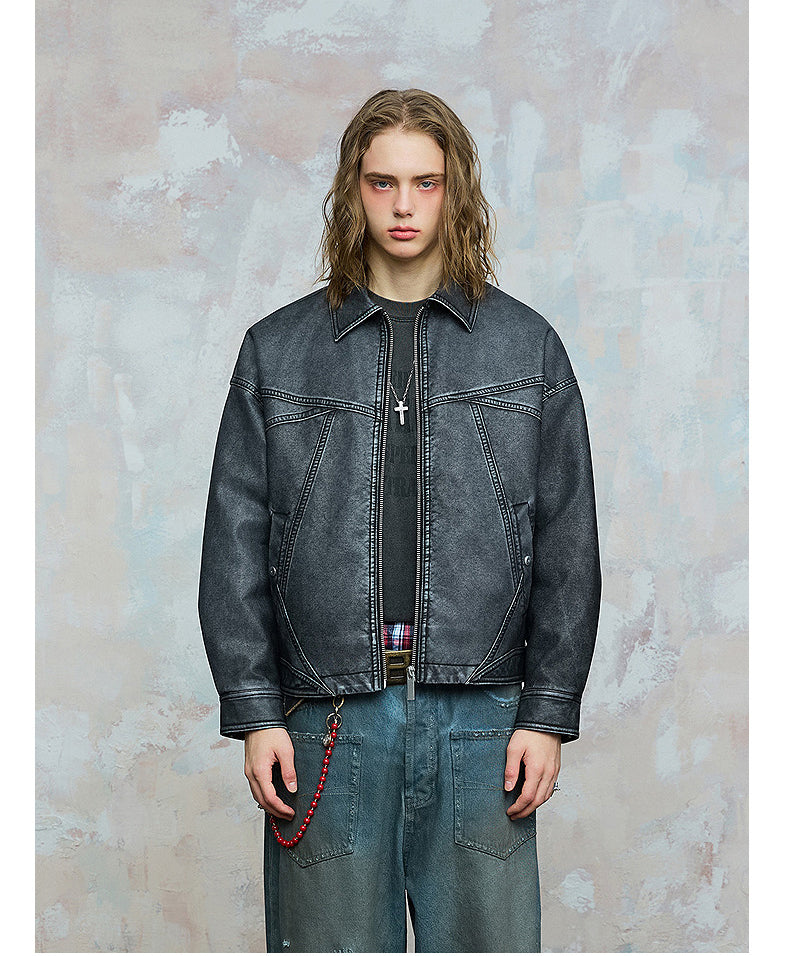 Short Wide Splicing PU Leather Jacket