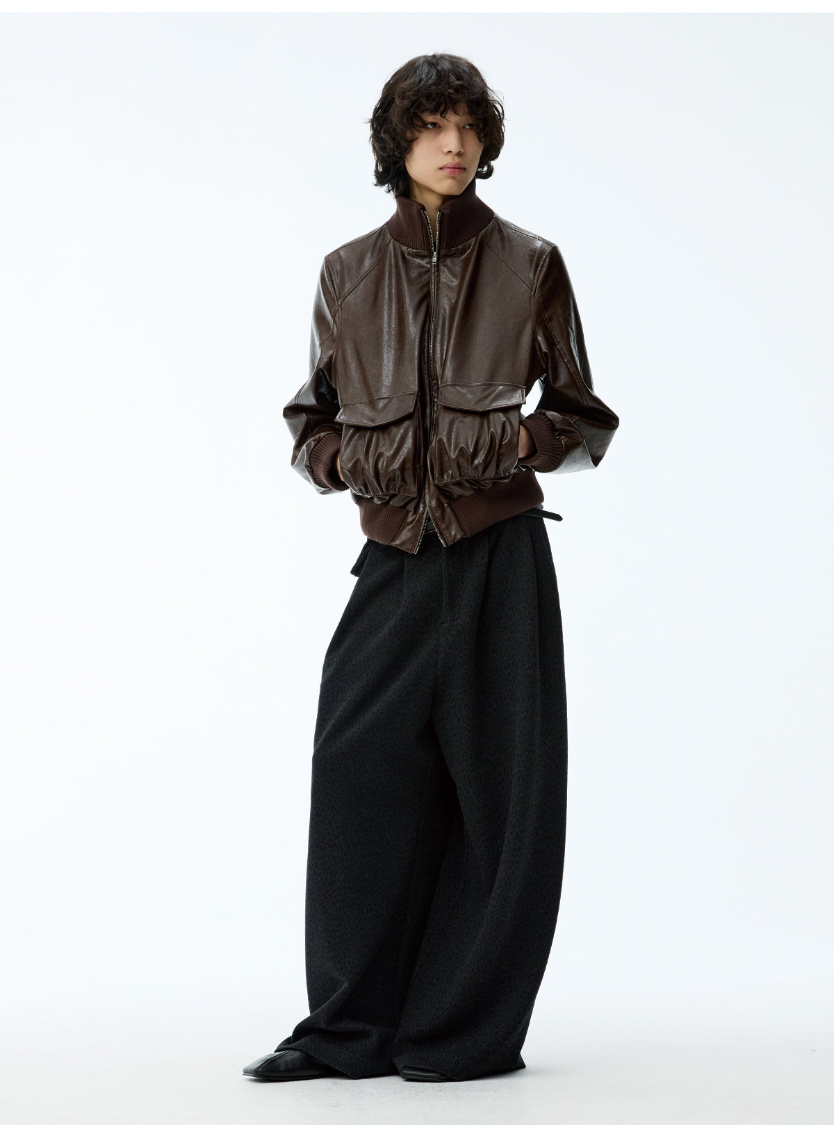 Pleated Short Leather Jacket