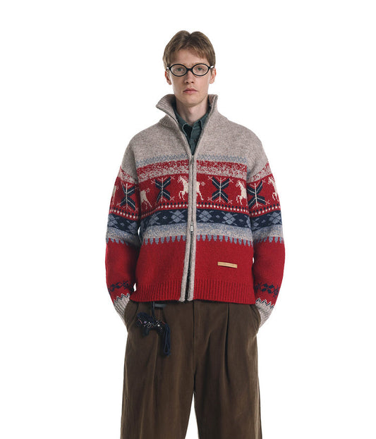 Wool-Blend Pony Jacquard Zip Cardigan