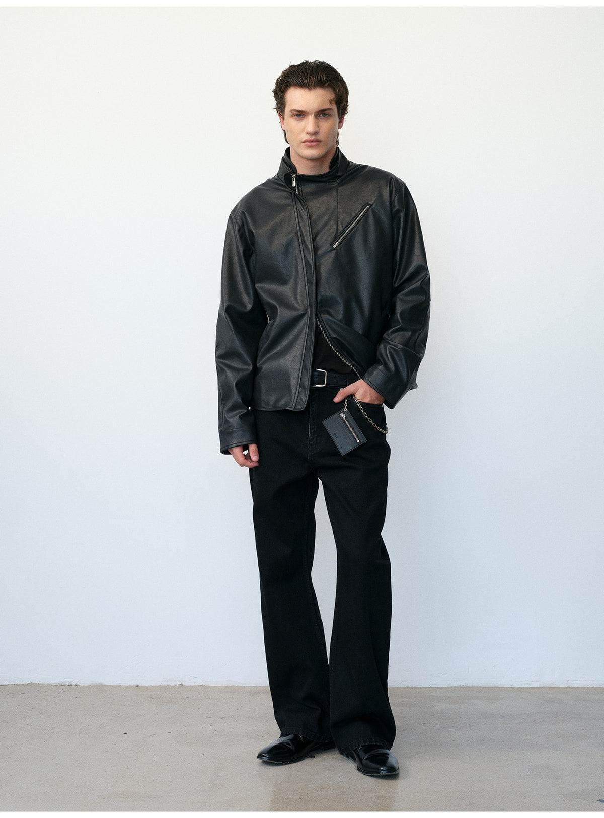 Microfiber-Leather Blend Stand-Collar Jacket