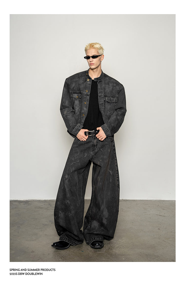 Mud-dyed distressed denim jacket set