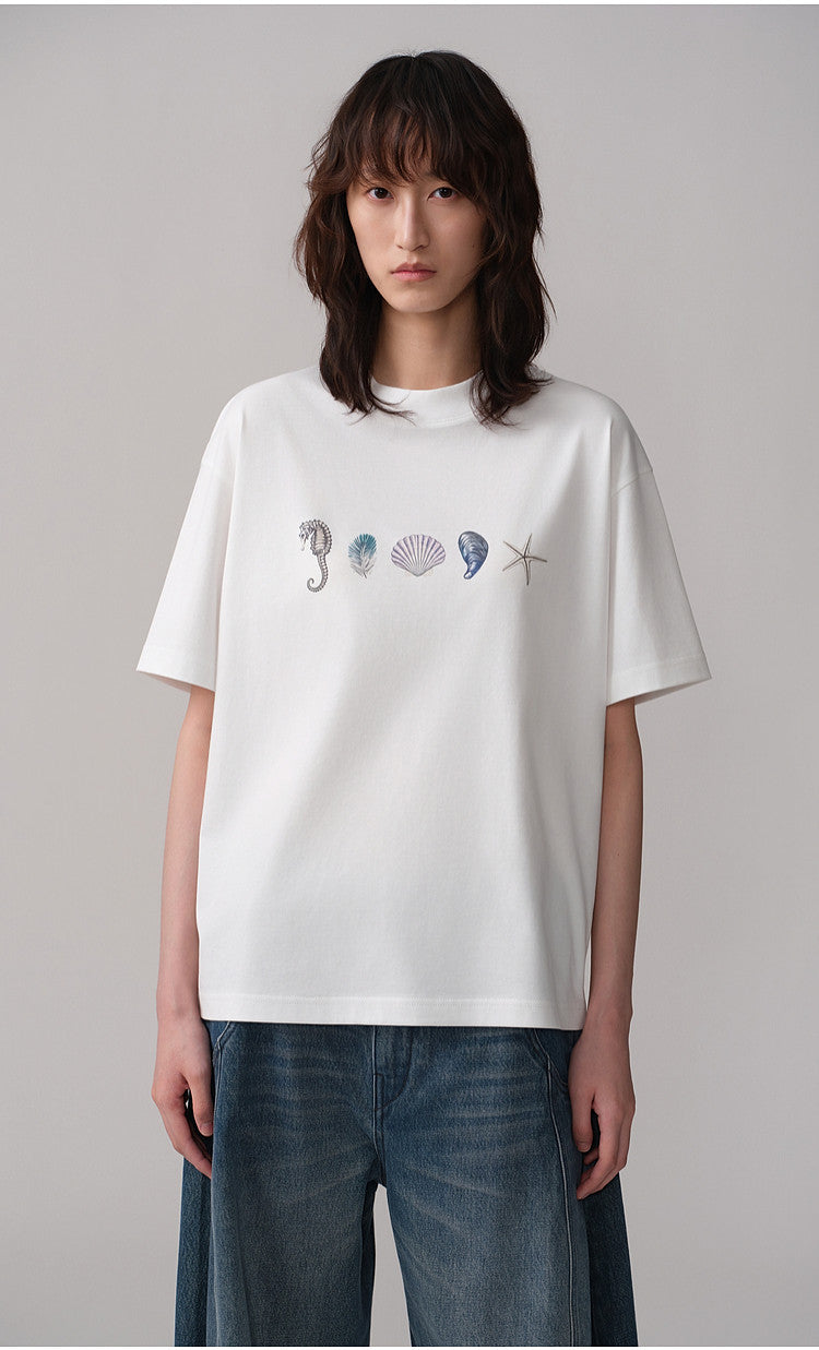 Round-Neck Loose-Shoulder Printed T-Shirt