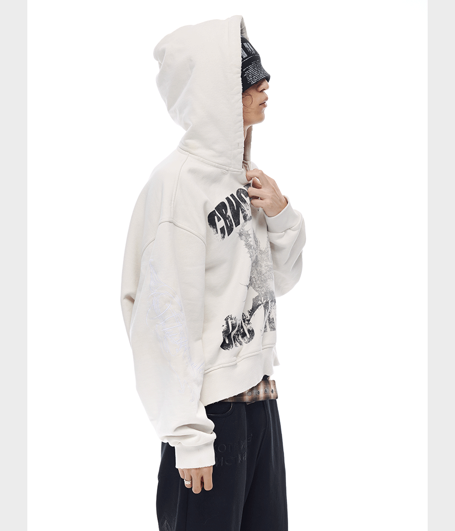 Wash-Damaged Embroidered Hoodie